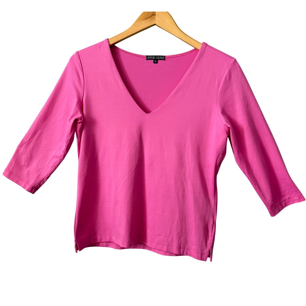 A'NUE LIGNE Sz MD Hot Pink V-Neck 3/4 Sleeve Top Made in USA Layering Preppy